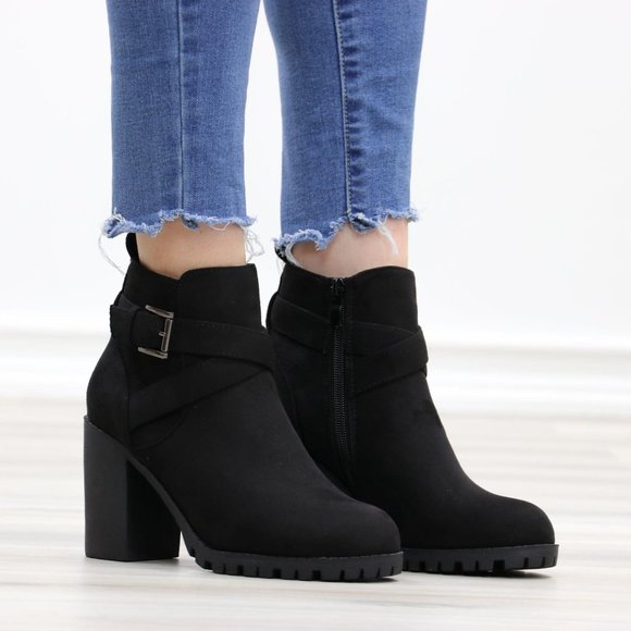 Faux Suede Black Lug Sole Ankle Boots - Picture 2 of 14
